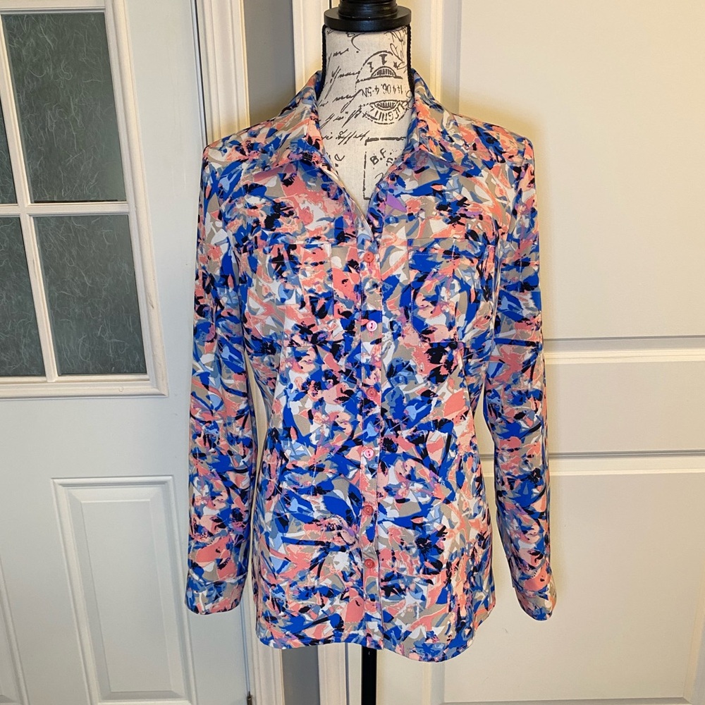 NY Collection Pink, Purple, & Blue‎ Multicolor Print Button-down Top PM E
